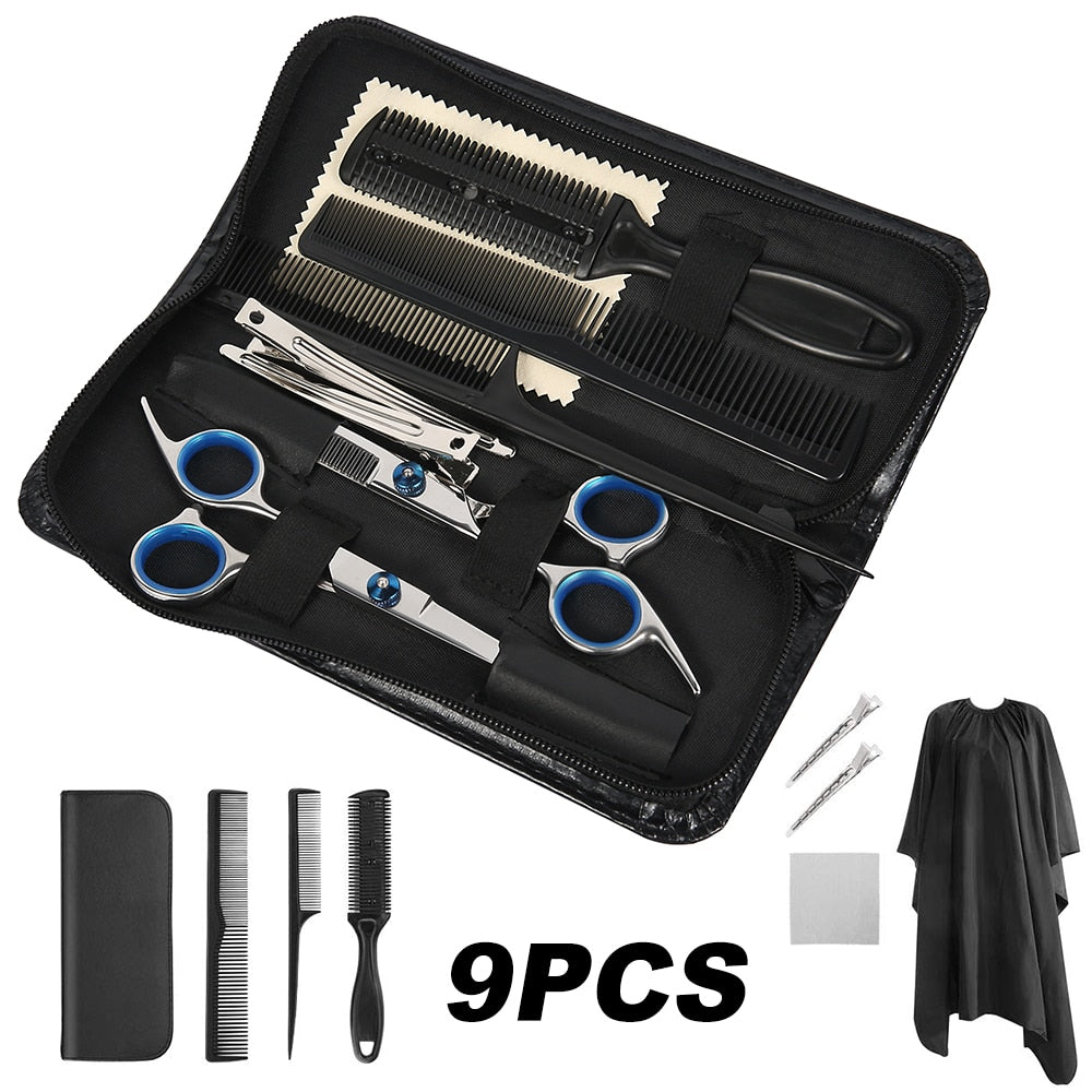 9 PCS Hairdressing Barber Kits Hair Scissors Trimmer Cutting Shears Haircut Comb Clips Barber Accessories Stainless Steel