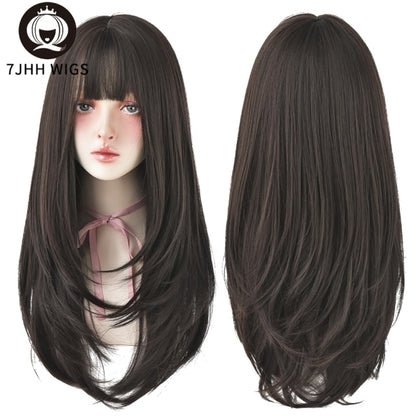 7JHH Synthetic Wigs Long Straight Pink Brown Hair Top Dyed Black Omber Wigs With Bangs For Women Fashion Heat Resistant Wigs